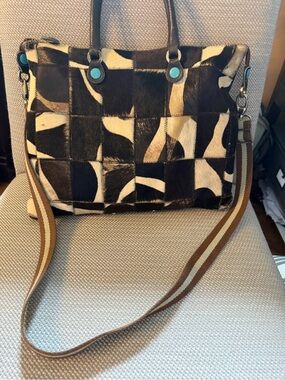 GABS Patchwork Cowhide Shoulder Bag with Turquoise Accents - Brown & Cream